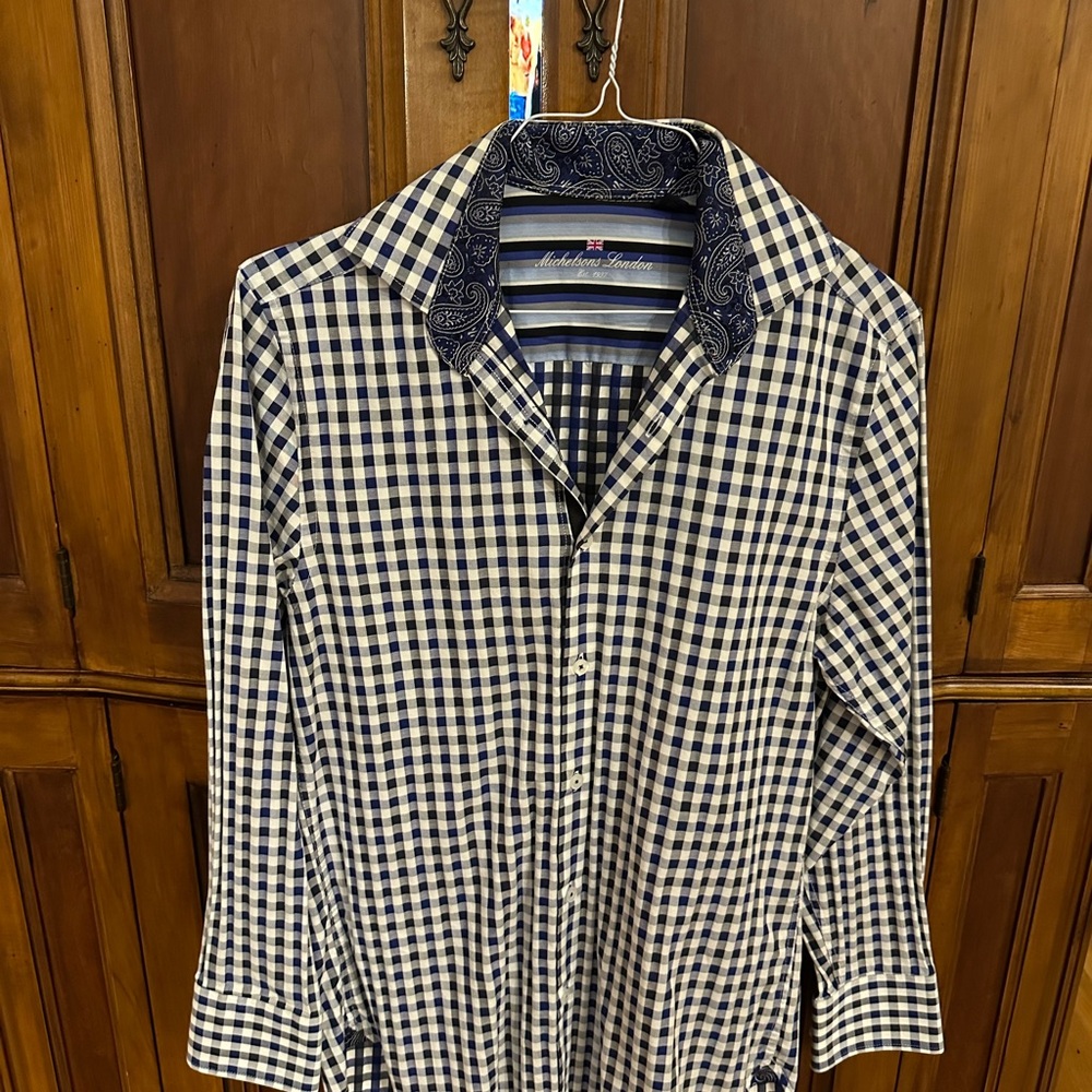 michelsons of london navy plaid dress shirt